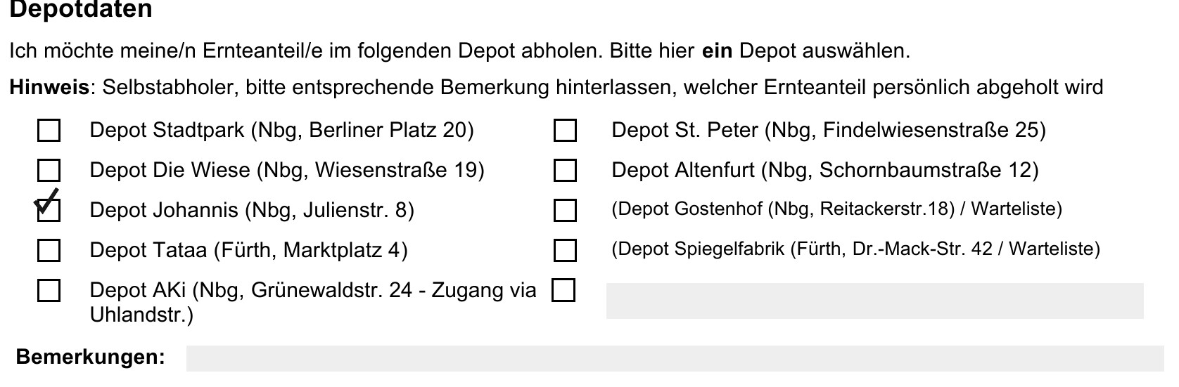 Beispiel: Depotauswahl aus der Teilnahmevereinbarung, mit Ankreuzung